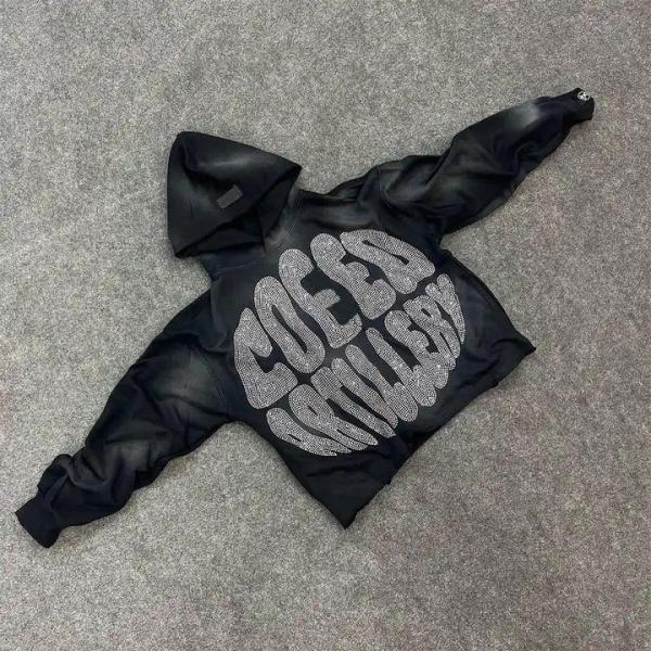 Custom Streetwear Heavyweight French Terry Cotton Acid Wash Pullover Rhinestone Cropped Hoodie Men