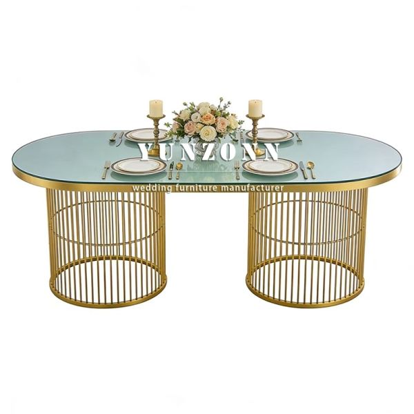 Luxury Stainless Steel Restaurant Banquet Party Modern Dining Wedding Tempered Glass Durable Table