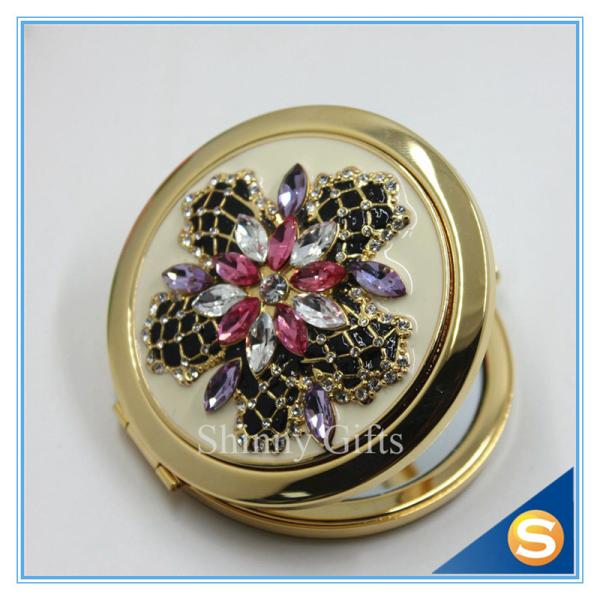 Shinny Gifts Luxury Rhinestone Flower Design Metal Compact Mirror Small Makeup Mirror For Girls Gift