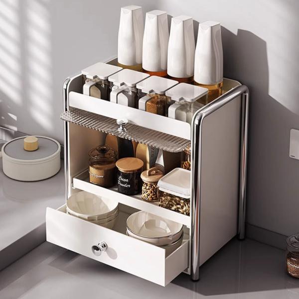 Pull-out 3 Tier Cosmetic Storage Box with Dust-proof Cabinet Door Kitchen Spice Jar Rack Coffee Capsule Drawer Desktop Organizer