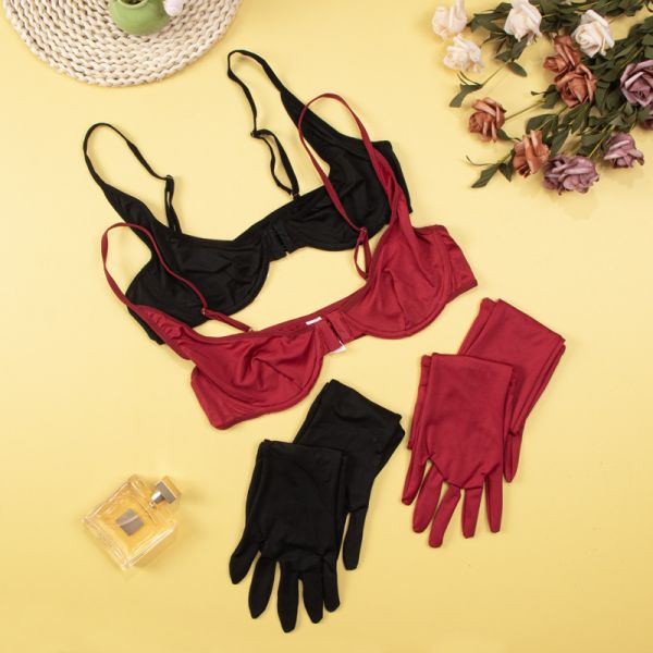 Wholesale Bra Suit Fun Thin Bottom Front Button Underwear Nylon Smooth Pure Ice Silk Skirt Gloves Underwear Set for Women