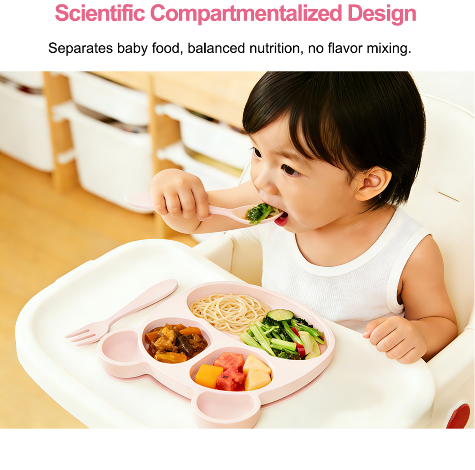Baby Feeding Set Multi Compartment Silicone Kids Dining Plate Cartoon Bear Design Fork Spoon Non Toxic Heat Resistant Dishwasher Safe