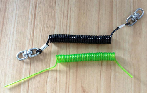 Double Swivel Hook Coil Extension Tool Tether Black PU Coated Stainless Steel Inside Security Cord