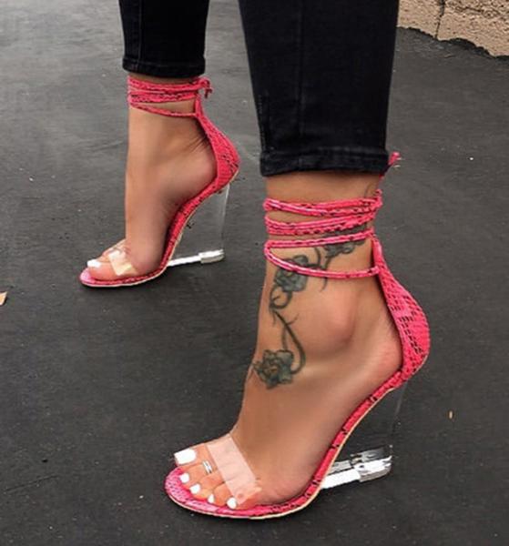 Janbal Lace Up Women'S Wedge Heel Transparent Upper High Heel Sandal Shoes