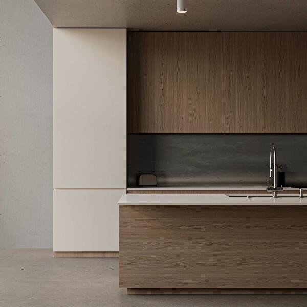 Melamine Finish Wood Grain And Solid Wood Handleless Kitchen Cabinet For Villa