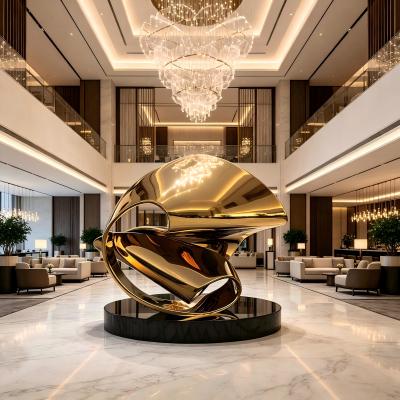 Titanium Gold Polished Stainless Steel Abstract Ring Sculpture with Black Granite Base | Modern Large Outdoor & Indoor Luxury Metal Art Statue