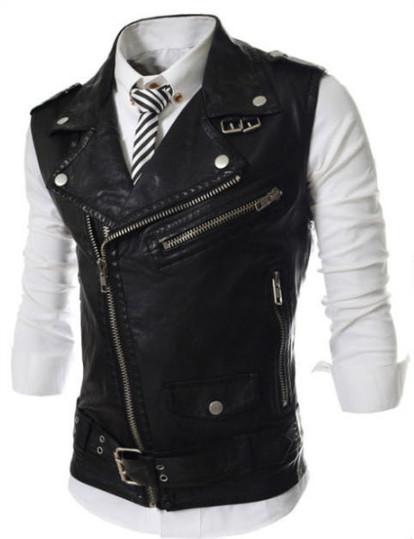 Red Waterproof Side Zipper Mens Leather Biker Vest For Winter Trendy Design