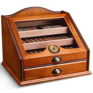 Double Layer Glass Top Cigar Box with Piano Lacquer Finish and Natural Moisturizing Spanish Cedar Humidor