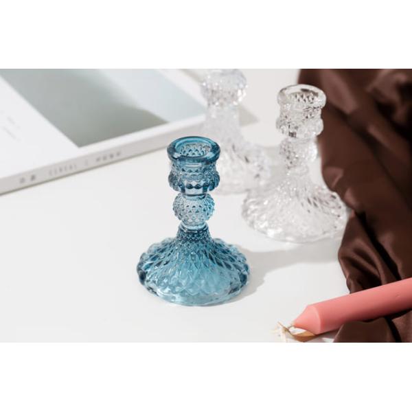 Blue Depression Tapered Color Glass Candle Holder Pressed Diamond Pattern