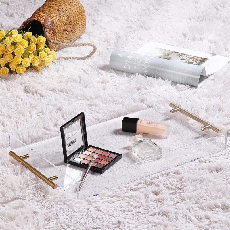 Clear Acrylic Single-Tier Serving Tray with Gold Handle Classic Design Spill Proof Tray for Kitchen Bathroom for Food Tools