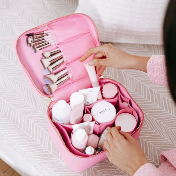 Light Purple Girly Leather Essential Beauty Case Luxe Vegan Makeup Bag With Handle