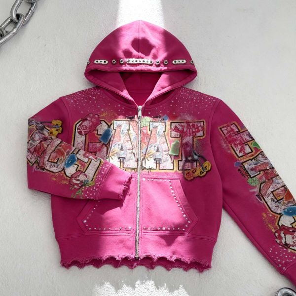 Manufacturer Custom Men's Designer Heavyweight Acid Wash Rhinestone Hoodie Distressed Zip up Cropped Oversized Streetwear Hoodie