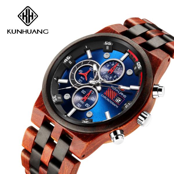 Man Blue Dial  Stripes Wooden Quartz Watch Business Wristwatch Water Proof 1020-3