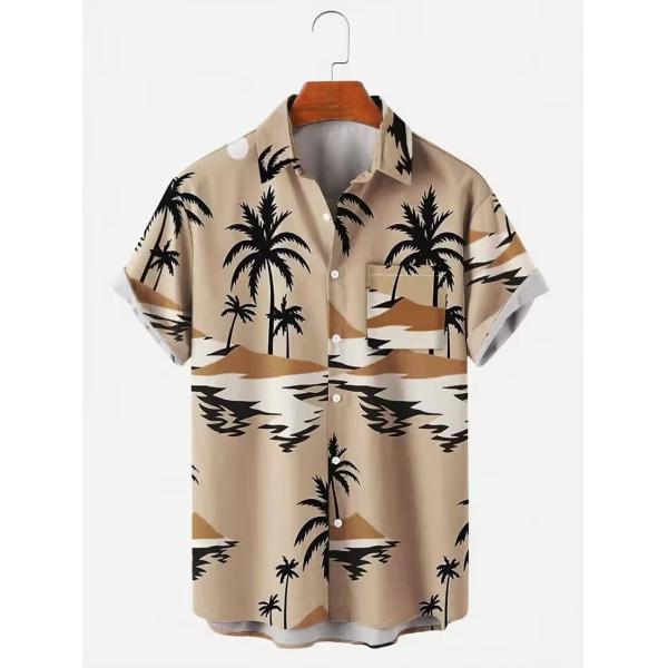 Camiseta de campamento hawaiana impresa a medida para hombres Allover Logotipo de diseño con botón cubierto