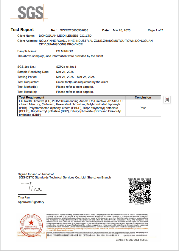 Dongguan Medi Plastic Mirror Co., Ltd. Certifications