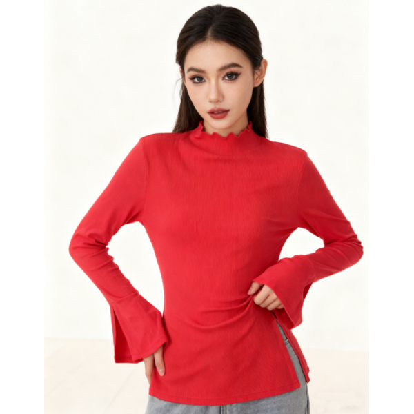 Birth Year Red Long Sleeve Top - Ruffled Mock Neck Ribbed Knit with Split Cuffs