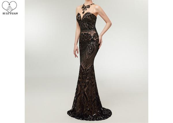 Black Gold Mermaid Style Prom Dress Heart Shaped Bust Special Sequin Pattern