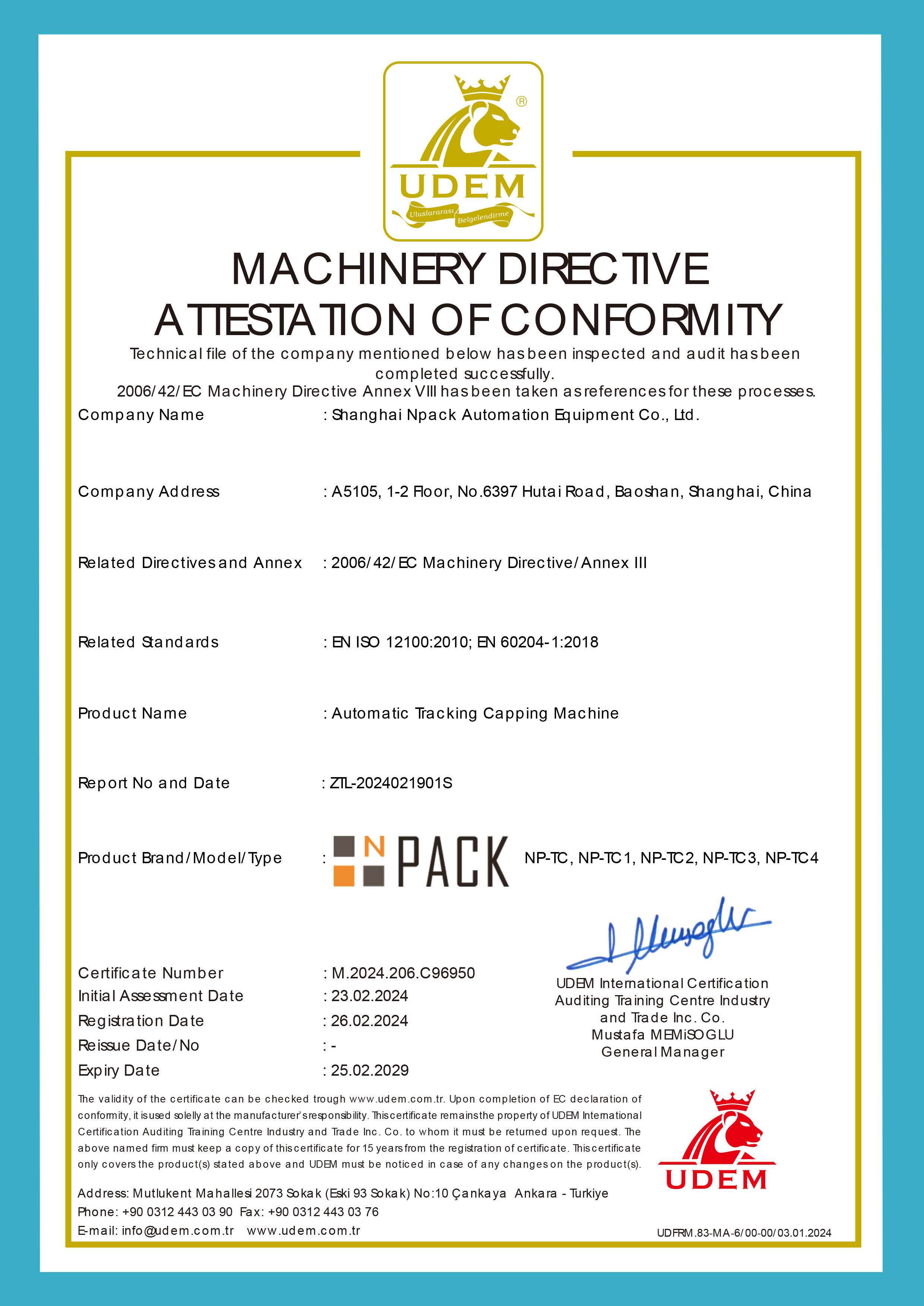 Shanghai Npack Automation Equipment Co., Ltd. Certifications
