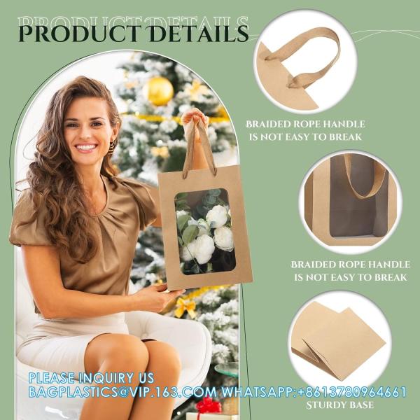 Kraft Shopping Bags With Handles For Present, Festivals Party Gift Bags With Transparent Window