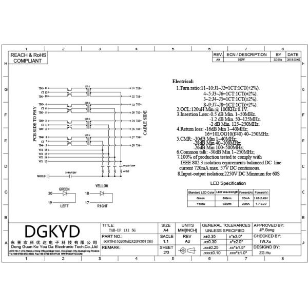DGKYD411Q200AB2A2DPC057 50U 5G RJ45 защищало соединитель сети RJ45 соединителя одиночный гаван