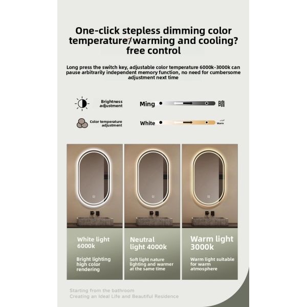 Modern Anti-Fog Oval LED Illuminated Bathroom Vanity Mirror Simple Smart Rectangle Touch Control for Hotel Apartments Villas