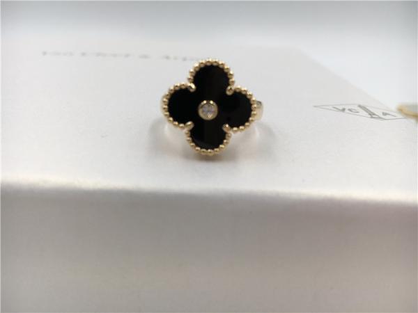 Vintage redondo Alhambra do anel de ouro do diamante/ônix 18K para o casamento/acoplamento