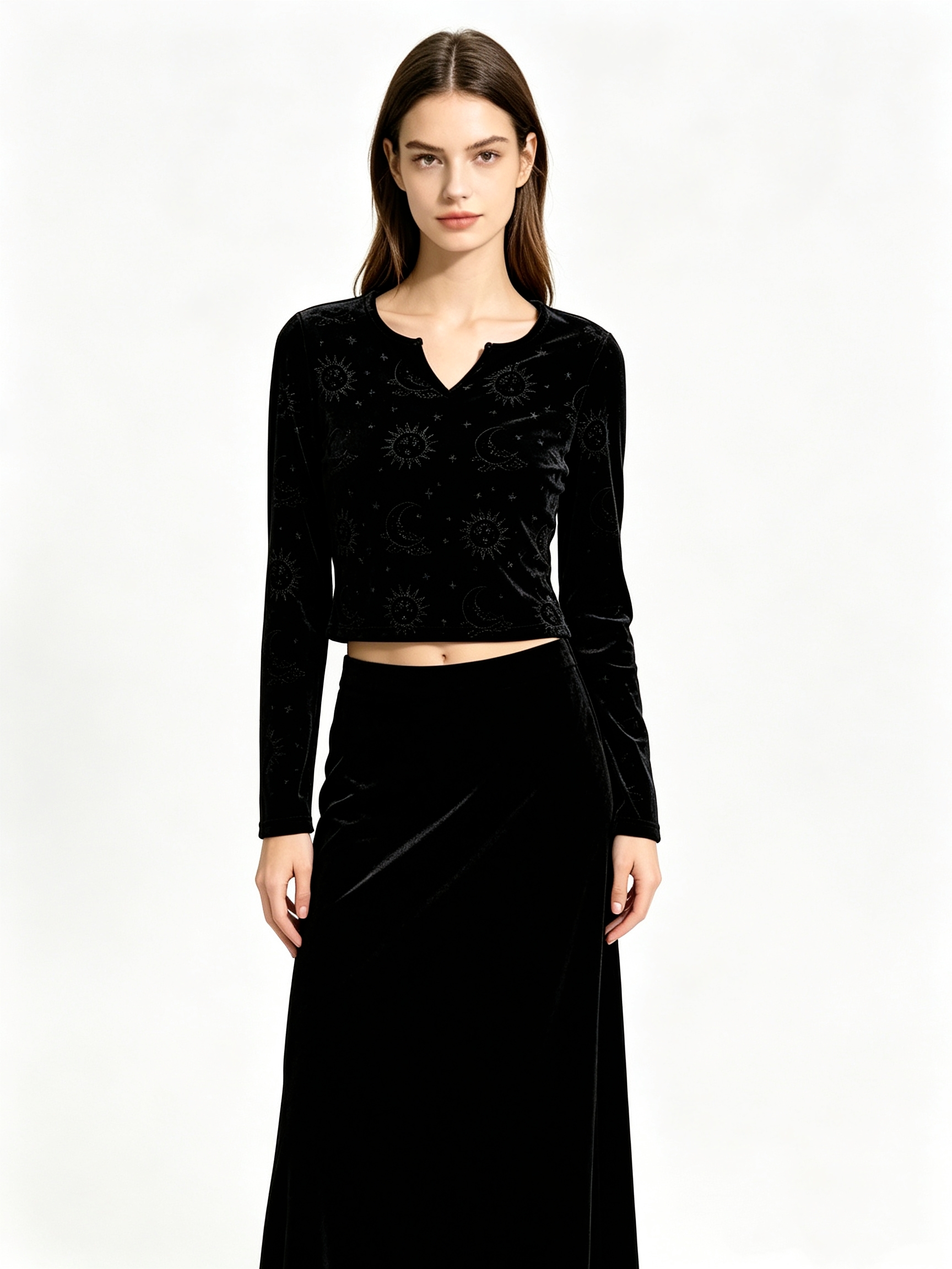 Black Velvet Two-Piece Set with Celestial Embossed Pattern, Flowy Maxi Skirt, and Notch Neck for Glamorous Evening Wear