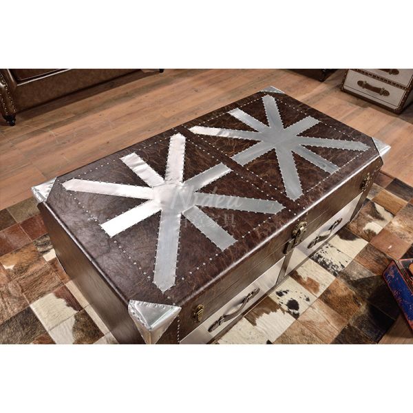 Hot Sale Coffee Table Double Drawers Aluminum Rivet Union Jack Crackle Leather Cabinet-Style Wooden Base Hotel Loft