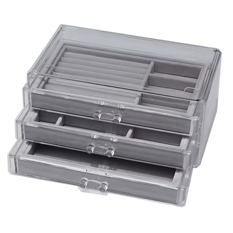 Hot Selling Retro Fashion Artwork Gray Velvet Transparent Acrylic Drawer Accessories Earrings Rings Storage Box