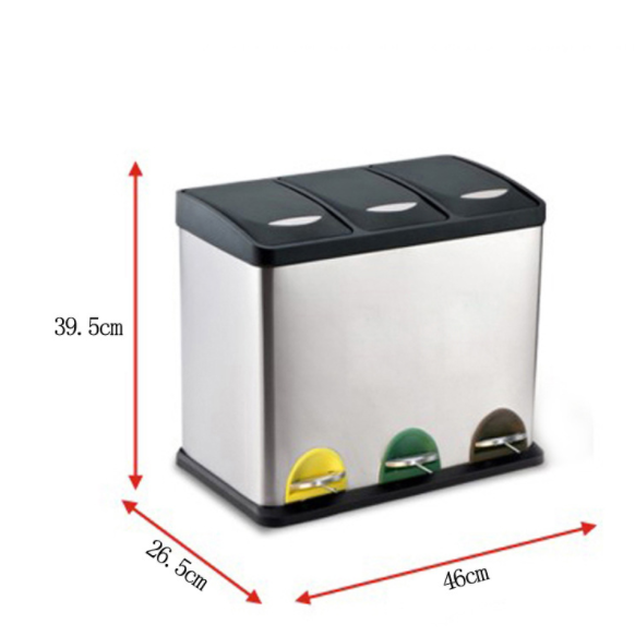 24L Three Compartment Foot Pedal Waste Bin Ashcan  Stainless Steel Trash Can