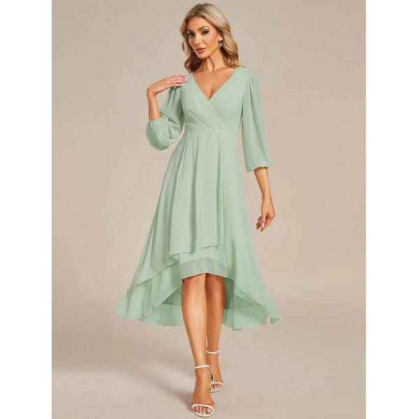 Elegant Empire Long Sleeve V-neck High Low A-line Ruffled Midi Mint Green Chiffon Wedding Guest Evening Dress