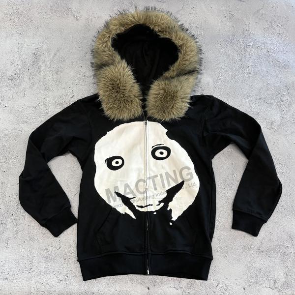 Custom Winter Thick Faux Fur Hooded Zip Up Hoodie in Boxy Cropped Zipper Jacket Style for Men