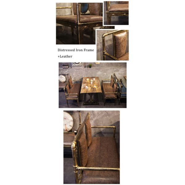 Customized Retro Industrial Fast Food  Furniture Wooden Cafe Restaurant Tables and Metal Leather Chairs