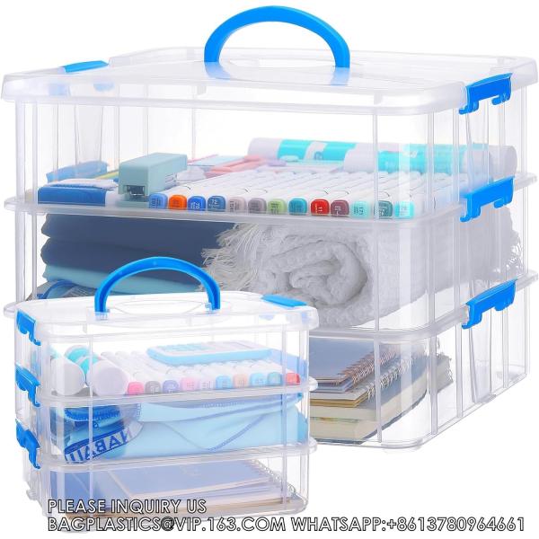 3-Tier Plastic Storage Containers With Lids, Handled Art Supply Craft Organizer
