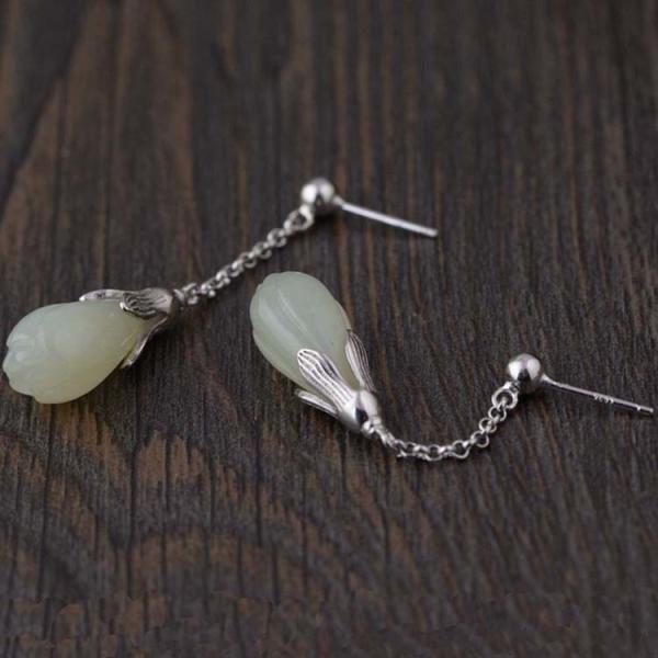 Women Retro 925 Sterling Silver Natural Jade Drop Earrings(TRS30811)