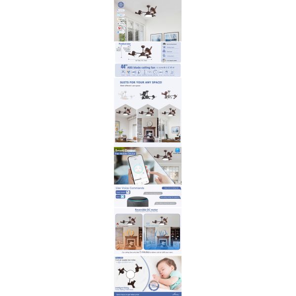 44 Inch Plastic Ceiling Fan with 3 Colors LED Light and Remote Control for Indoor Use