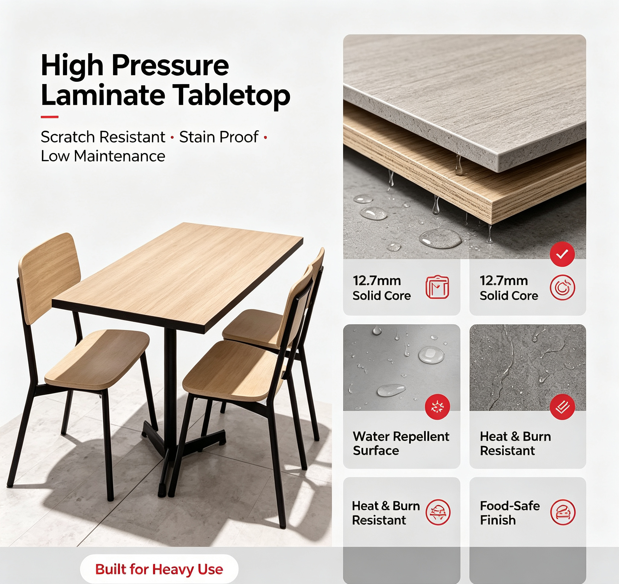 Commercial HPL Compact Dining Table and Chair Set, Waterproof Fireproof Anti-scratch Canteen Furniture for Restaurant Cafe School Hospital