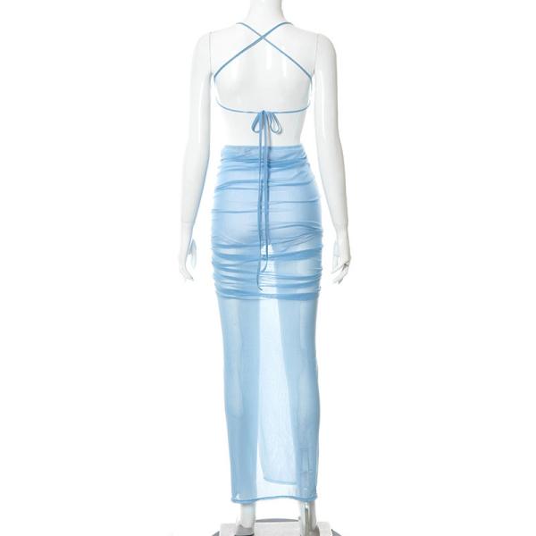 Solid Color Womens Party Maxi Dresses Hollow Sling Lace High Slit