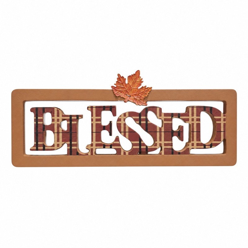 Blessed Plaid Wooden Fall Sign with Maple Leaf