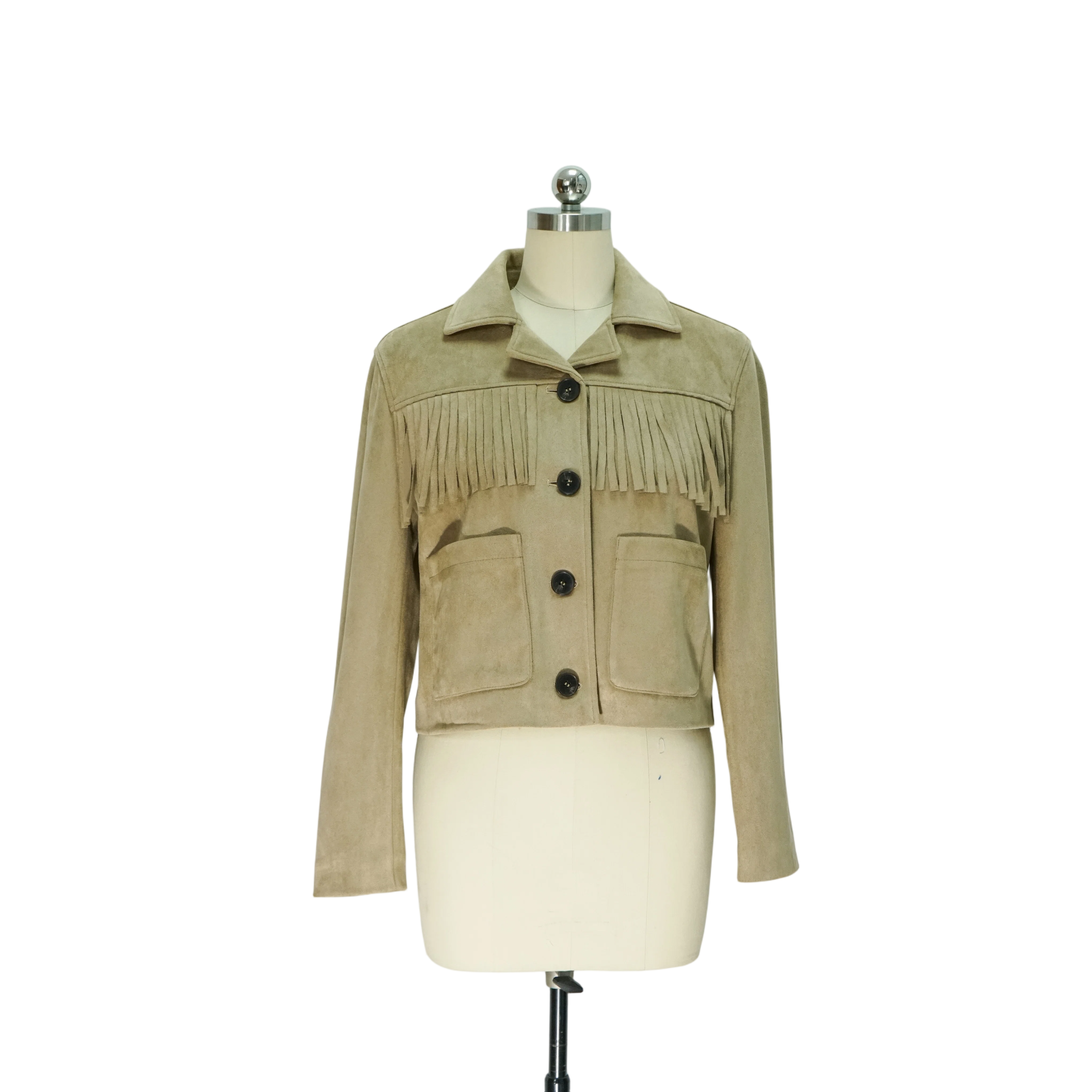 Faux Suede Cropped Fringe Jacket with Lapel Collar - Chic Retro Outerwear