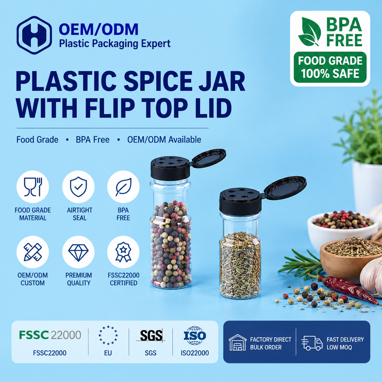 40 mm Flip Top Shaker PET Jar For Seasoning Powder Dried Herbs And Spice Mixes
