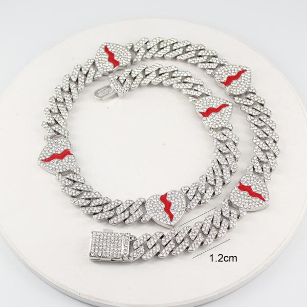 Men Women Hip Hop Jewelry 12mm Red Heart Link Cuban Chain Necklace Bracelet Wholesale