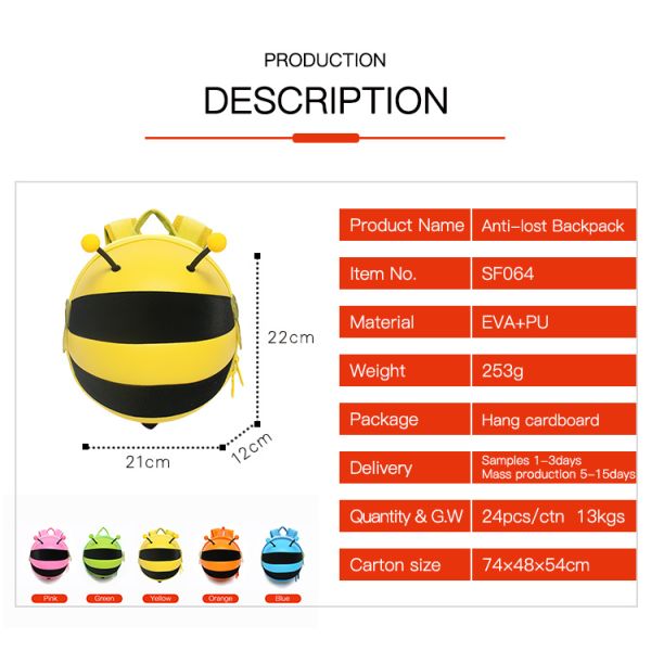 Supercute OEM ODM 3d Eva Child School Bag Kids Bee Anti Lost Backpack