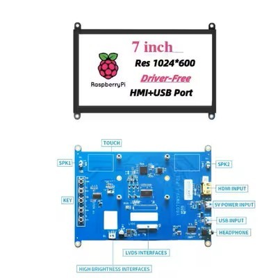 7 Inch HDMI LCD Display 1024x600 5 Point Touch Screen 450cd/m2 800cd/m2 Optional