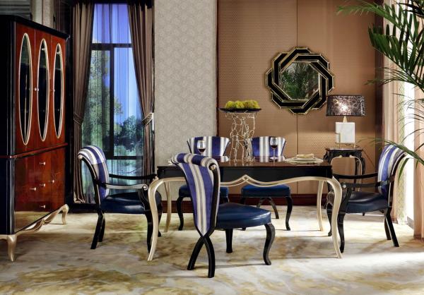 Luxury room New classic Furniture Dining Tables and Wine Cabinet in glossy painting with Fabric Upholstered Chairs