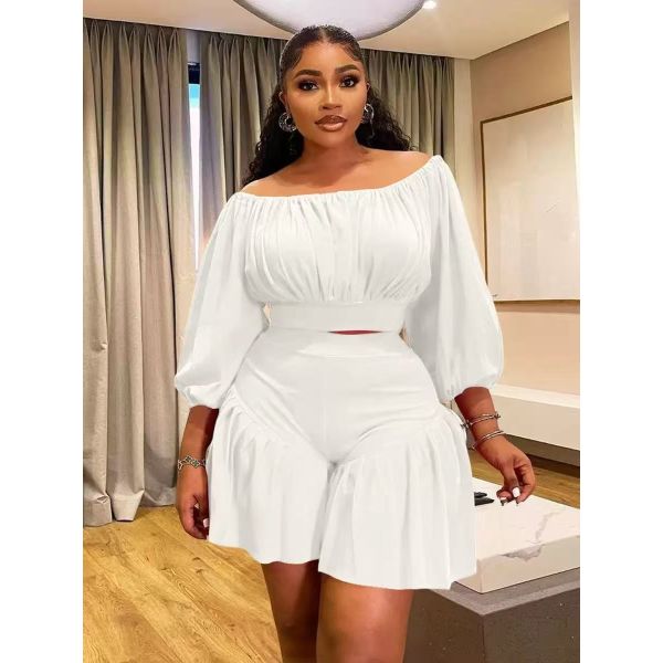 Off-Shoulder Pleated Crop Top and High-Waist Pleated Shorts Two-Piece Set with Long Balloon Sleeves