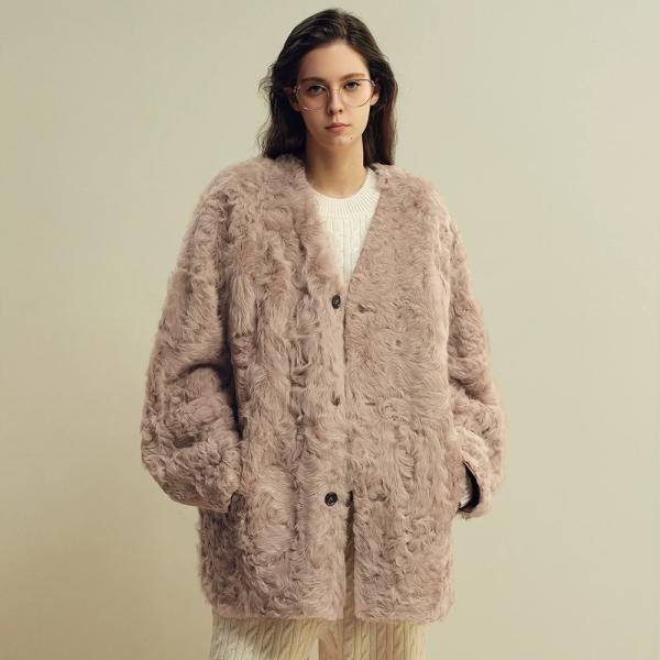 V-Neck Faux Persian Lamb Fur Coat