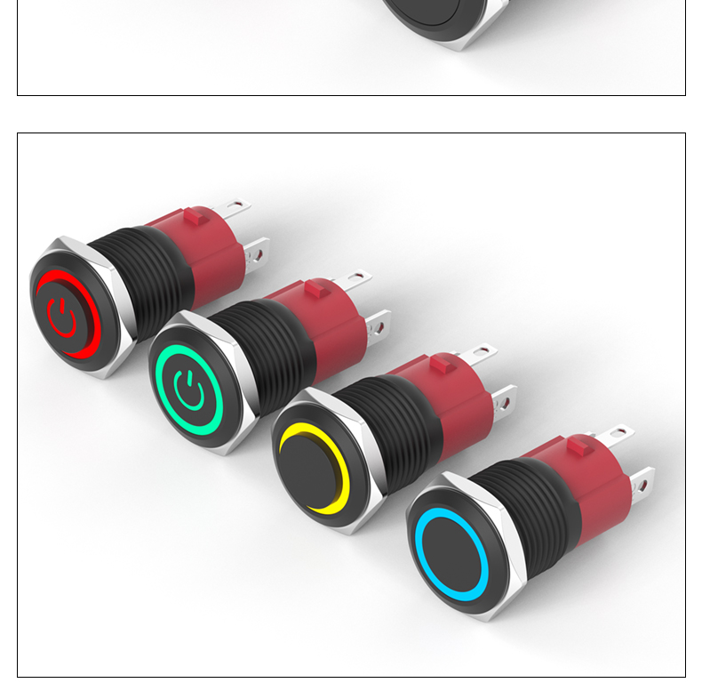 16MM Black Aluminum IP65 Ring Illuminated Button Switch 10A High Current 1NO Momentary Latching LED 4-Pin 220V Power