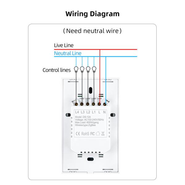 переключатель стены 600W Zigbee отсутствие выключателя нейтральной шатии 60HZ 3 умного