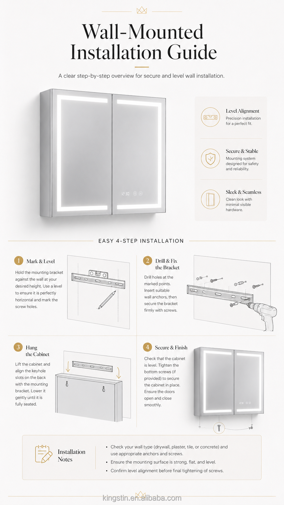 Kingstin Custom LED Bathroom Mirror Cabinet Aluminum Smart Medicine Cabinet with Defogger Clock Touch Light